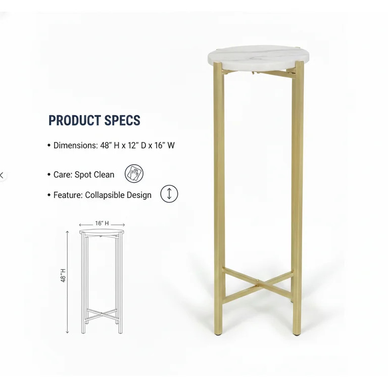 Stylehouse Collapsible Drink Table, Gold Metal Frame with White Marble Top | Walmart (US)