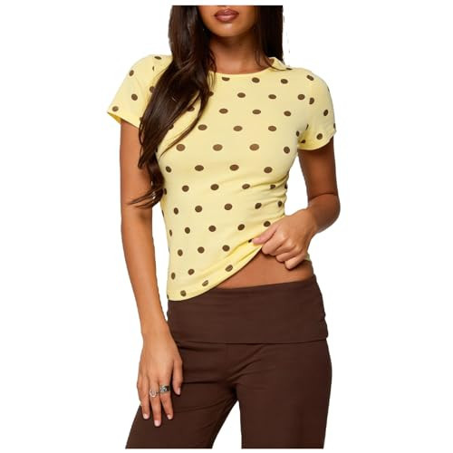 Women Y2K Short Sleeve Polka Dot Top Vintage Dot Print Crop T-Shirt Cute Slim Fit Crew Neck Baby Tee Shirt Yellow | Amazon (US)
