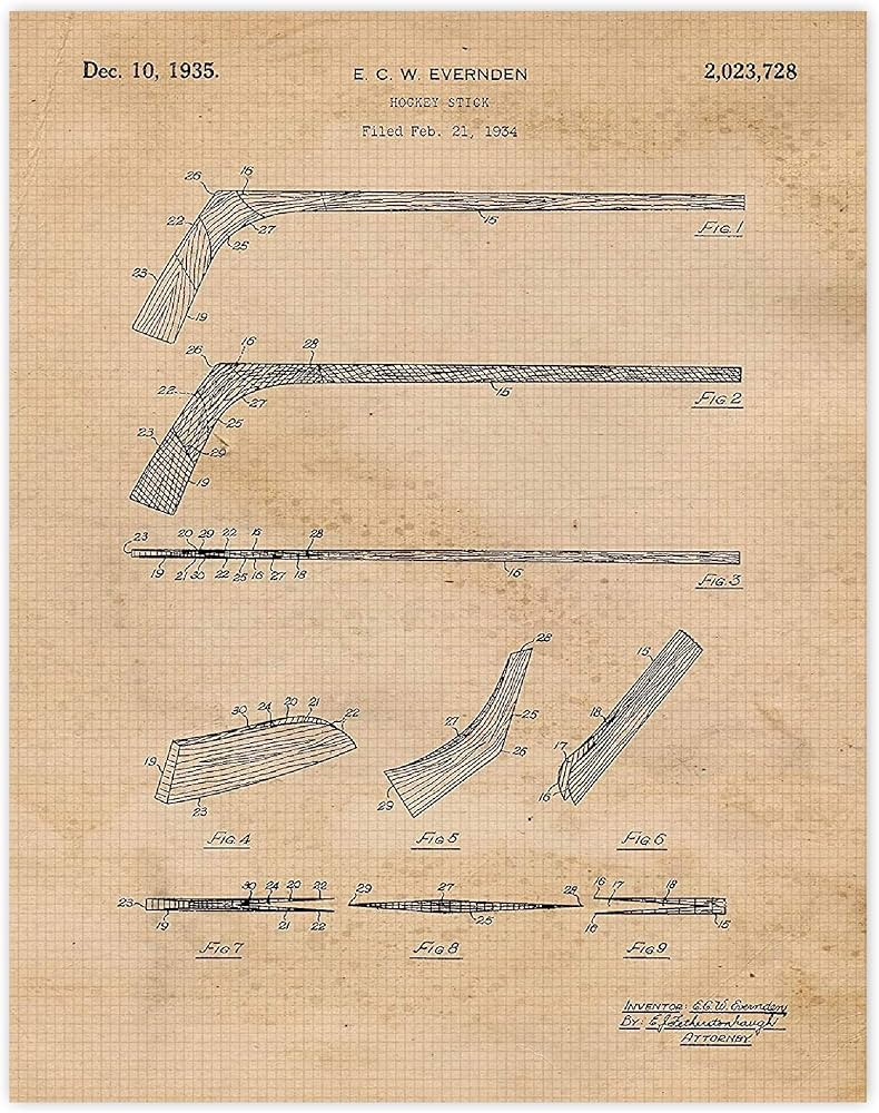 STARS BY NATURE Classic Ice Hockey Stick Patent Prints, 1 (11x14) Unframed Photos, Wall Art Decor... | Amazon (US)