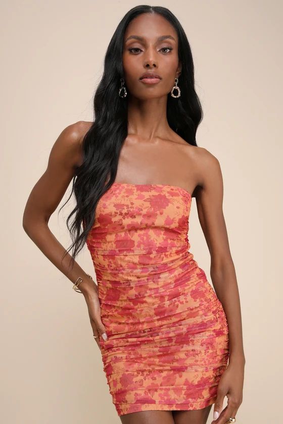 Orange Floral Mesh Strapless Ruched Mini Dress | Tropical Vacation Dress | Lulus