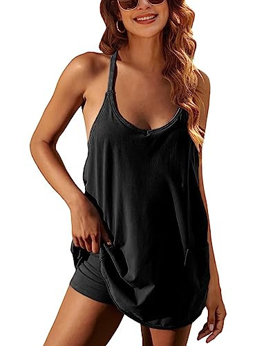 Lentta Womens Athletic Sleeveless Mini Dress with Built-in Shorts V Neck Spaghetti Strap Sundress(Black-XL) | Amazon (US)