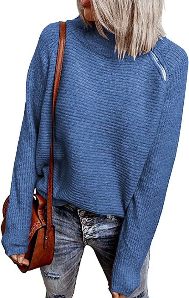 BTFBM Women Casual Long Sleeve Turtleneck Sweaters Oblique Quarter Zip Solid Color Cute Knit Ribb... | Amazon (US)