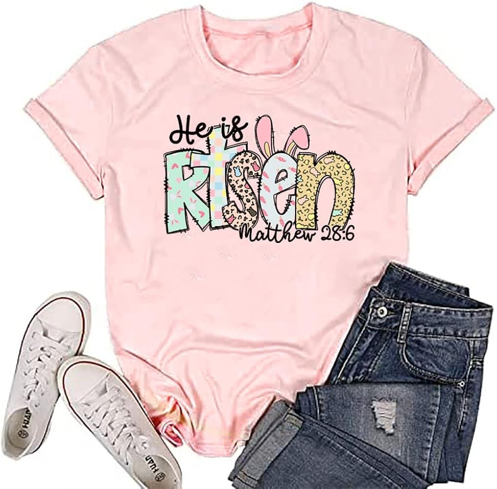 Women Easter Christian Shirt He is Risen Religious Bible Verse Tee Easter Bunny Tops Faith Jesus ... | Amazon (US)