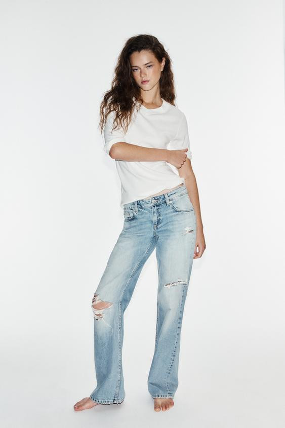 Zara - Trf Ripped Low-Rise Wide-Leg Jeans - Blue - 4 - Woman | Zara UK