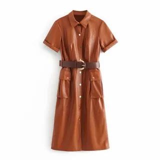 Short-Sleeve Faux-Leather Dress With Belt | YesStyle Global