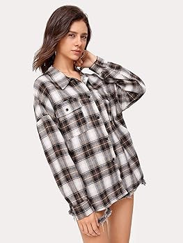 SweatyRocks Women's Long Sleeve Collar Long Button Down Plaid Shirt Blouse Tops | Amazon (US)