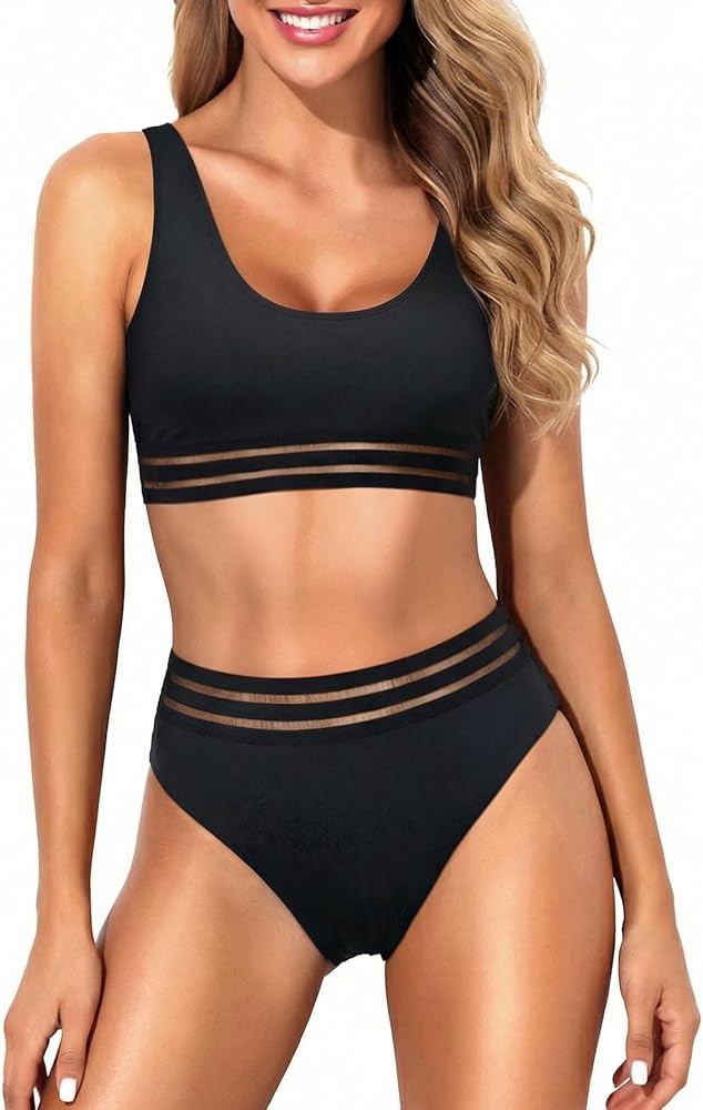 Tempt Me Women Two Piece Scoop Neck Bikini Crop Top Swimsuit Sporty High Waisted Bathing Suit | Amazon (US)