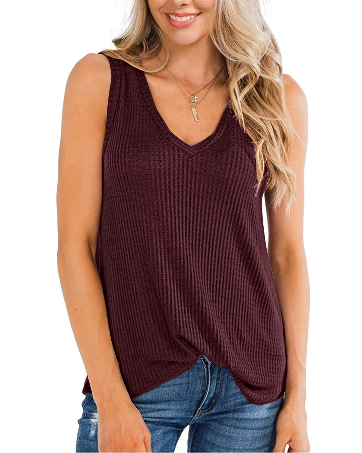 WNEEDU Womens Waffle Knit V Neck Tank Tops Summer Casual Sleeveless Shirts Loose Tunic | Amazon (US)