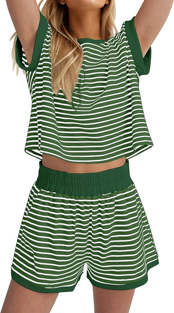 MISSACTIVER 2 Piece Lounge Set Women Stripe Knit Short Sleeve Tee Shirts Shorts Casual Summer Lou... | Amazon (US)