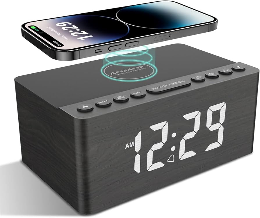 ANJANK Wooden Digital Alarm Clock FM Radio,10W Qi Certified Fast Wireless Charging Station for iP... | Amazon (US)