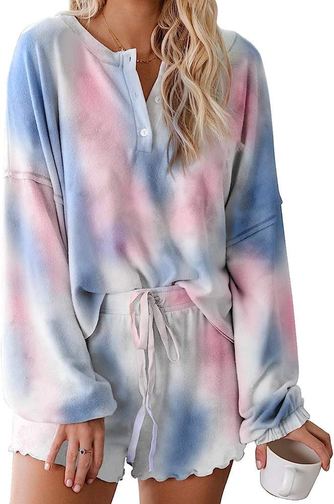 Women Pajamas Tie Dye Print Long Sleeve Shirt Elastic Drawstring Shorts Pant PJ Set Sleepwear Lou... | Amazon (US)