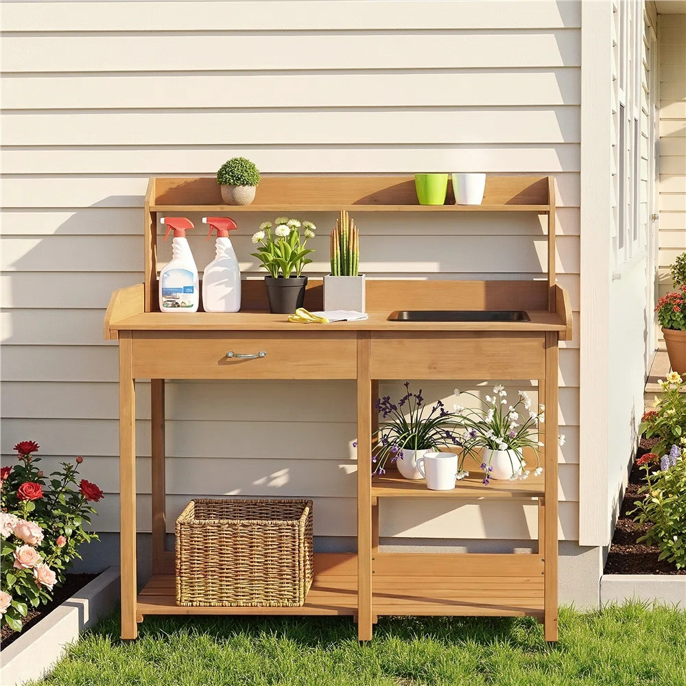Burroughs Fir Wood Outdoor Potting Bench with Sink Drawer | Wayfair North America