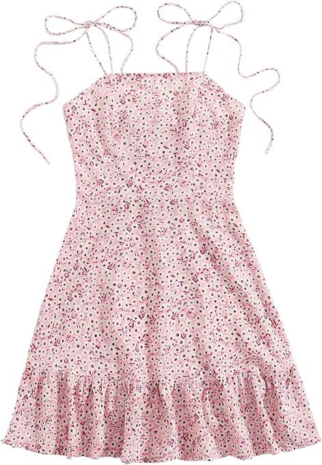 SheIn Women's Summer Floral Ruffle Mini Dress Sleeveless Tie Shoulder A Line Flare Short Dresses ... | Amazon (US)