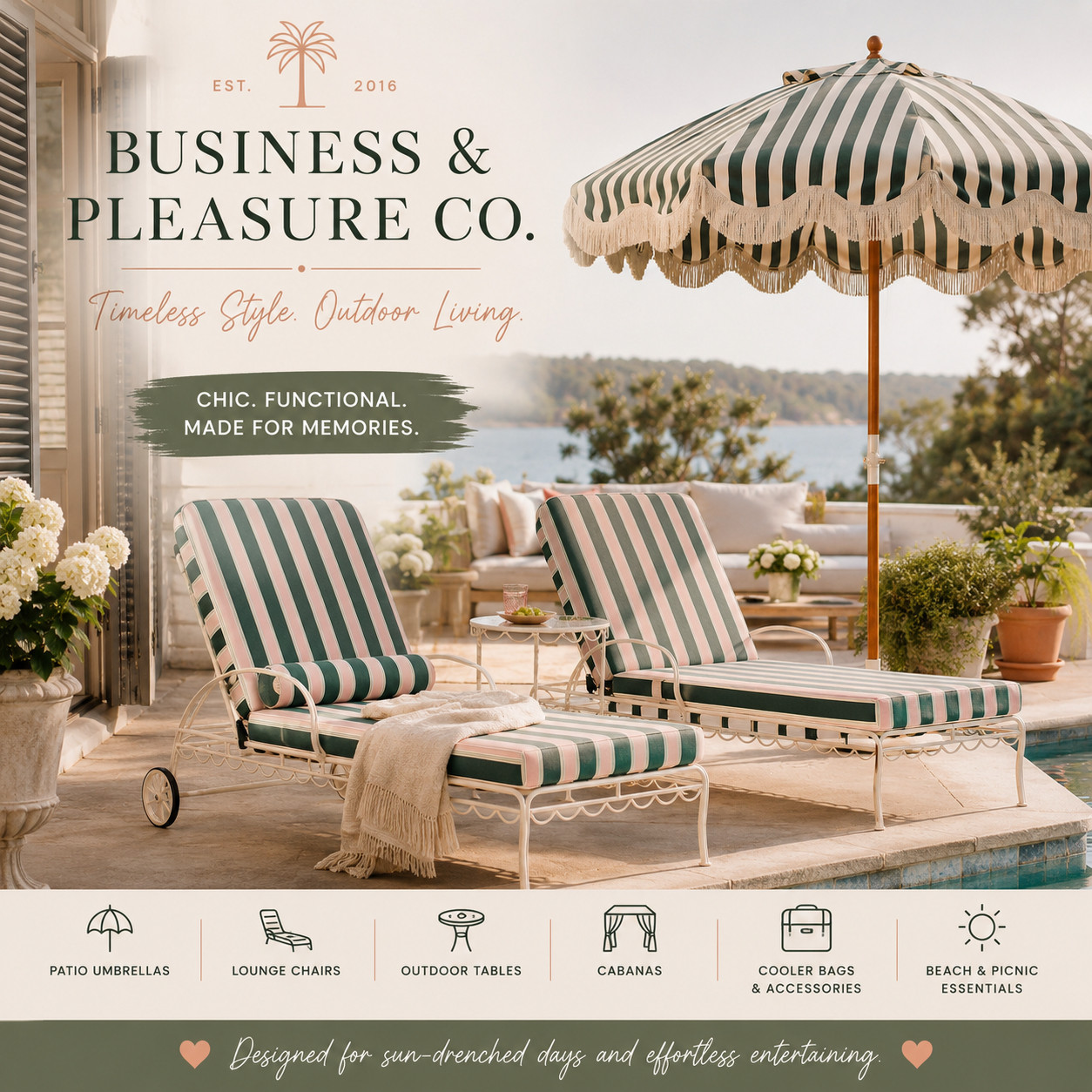 If you've ever admired those effortlessly chic resort patios, chances are you've seen Business & Pleasure Co. Their collection blends timeless coastal style with practical luxury, making it easy to create a backyard that feels like a boutique hotel. 
@businessandpleasure

I'm especially loving their:

Premium patio umbrellas
Outdoor lounge chairs
Beach umbrellas
Outdoor tables
Cabanas
Cooler bags and entertaining accessories
Luxury beach and picnic essentials

Their neutral color palettes and vintage-inspired designs pair beautifully with both modern and traditional outdoor spaces, making them an investment you'll enjoy season after season. 

 #LTKootd #LTKmomlife #LTKSeasonal