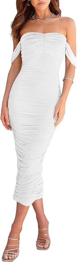 Women's Off Shoulder Ruched Bodycon Midi Dresses Short Sleeve Elegant Cocktail Party Tube Dress | Amazon (US)