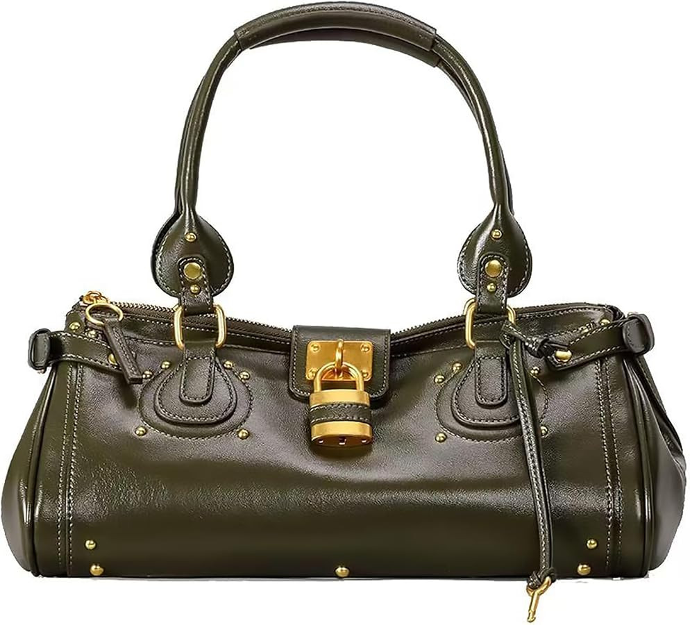 Women PU Leather Vintage Y2K Lock East West Bag Top Handle Handbag Retro Studded Underarm Shoulder Satchel Purse | Amazon (US)