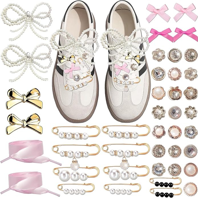 Shoe Charms for Sneakers, 42Pcs Ribbon Shoe Laces Women Shoelace Charms with Bows/Clips/Pins/Jewe... | Amazon (US)