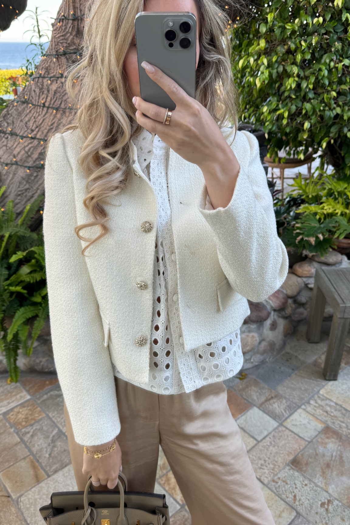 Chic dressed up look. Let’s break down the look; 
🤍Perfect white tweed looking blazer in white. Beautiful buttons, stylish neck cut and a slightly shiny texture. Wearing a size M. 
🤍 White embroidered shirt with very thoughtful design and impeccable design elements. Wearing a size 1.
🤎 Silky pants that gives you that effortless luxurious lookk

#LTKstyletip #LTKSeasonal