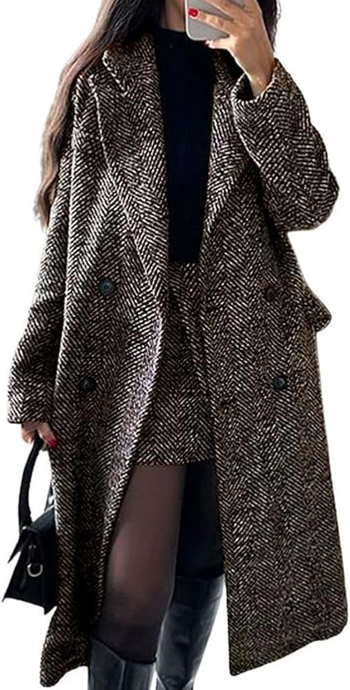 chouyatou Women's Winter Casual Herringbone Wool Coat Double Breasted Notch Collar Dressy Long Tr... | Amazon (US)