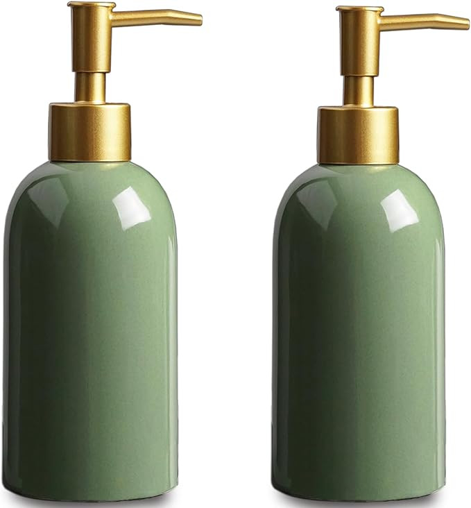 2Pack Ceramic Soap Dispenser Green with Gold Pump,Modern Design Cylindrical Lotion Dispenser Bott... | Amazon (US)