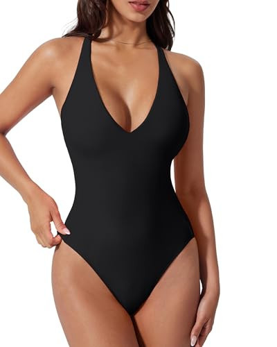 SUUKSESS Women Sexy Low Back One Piece Swimsuit Slimming Tummy Control Bathing Suit V Neck High Cut Swimwear (Black,M) | Amazon (US)