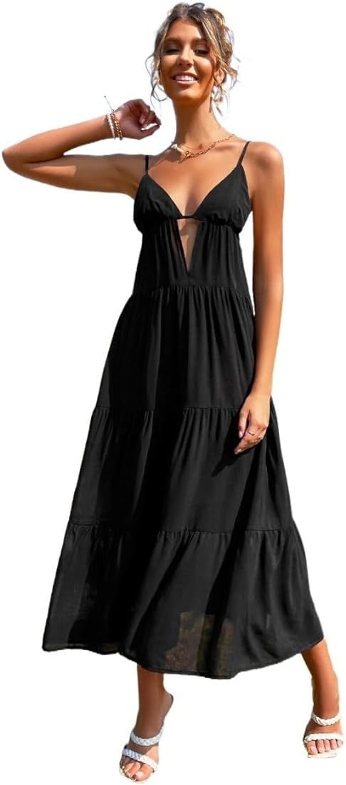 EFJONE Trendy Dresses for Women 2023 High Waist Cutout Front Ruffle Hem Cami Dress Sleeveless Lon... | Amazon (US)