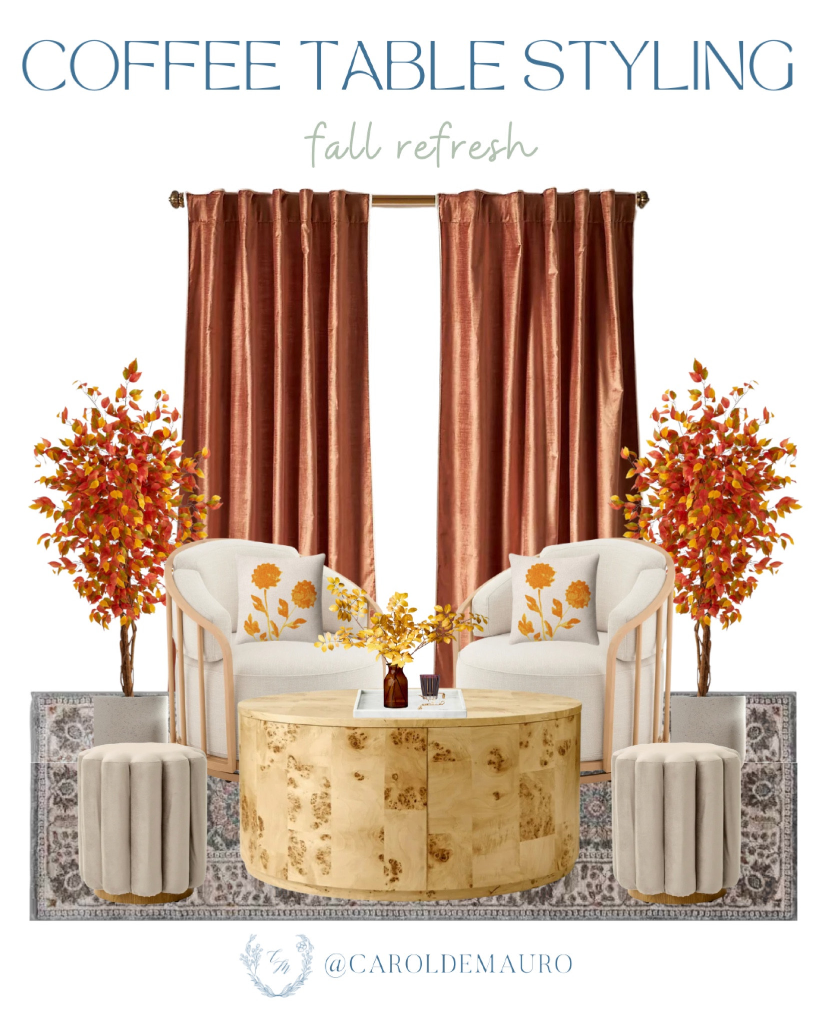 Enjoy a cup of coffee or catch up with friends and family with this stunning coffee table arrangement! The rich, autumnal colors of the rust-colored curtains and fall foliage create a warm and inviting atmosphere.
#loungearea #livingroomdecor #furniturefinds #autumnvibes

#LTKSeasonal #LTKStyleTip #LTKHome