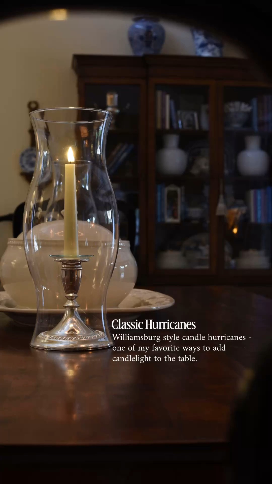 Williamsburg-style candle hurricanes are one of my favorite ways to add warm candlelight to the dining table. Their classic design feels timeless and elegant, whether you’re setting the table for a special occasion or simply enjoying dinner at home.
And they’re not just for the dining table, I love them on a console table, entry table, or even a windowsill. A beautiful addition to traditional and classic home decor.

Dining Room. Candle Hurricane. Candle Holder. Vintage Style. Classic Home. Timeless Home. LavenderRoseHome

#LTKHome