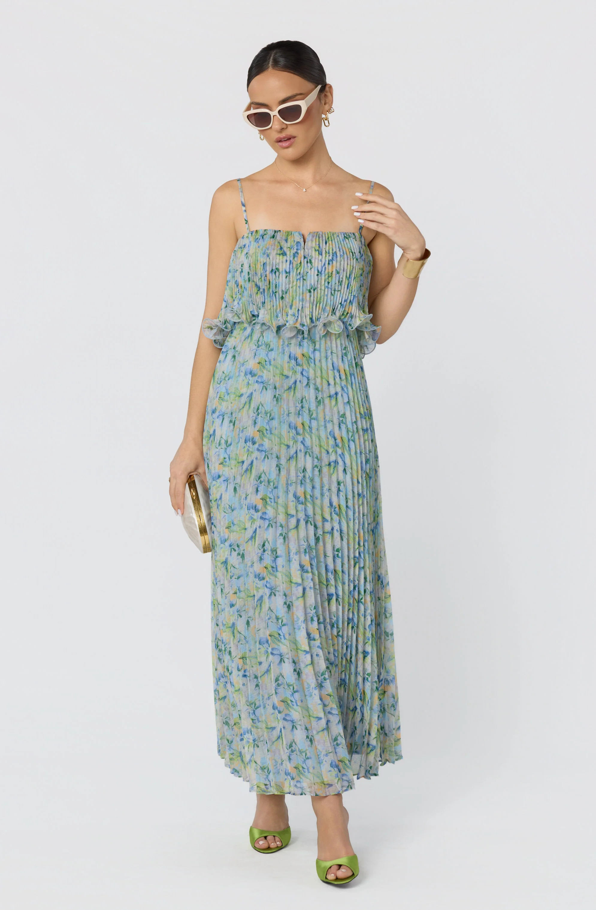 Makennah Plissé Floral Maxi Dress - Blue green floral / XS | ASTR The Label (US)