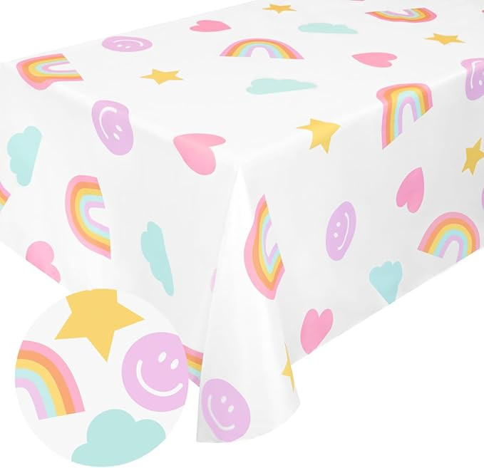 xo, Fetti Smiley Face Disposable Tablecloth - 9ft. | Rainbow Birthday Decorations, Pastel Table C... | Amazon (US)