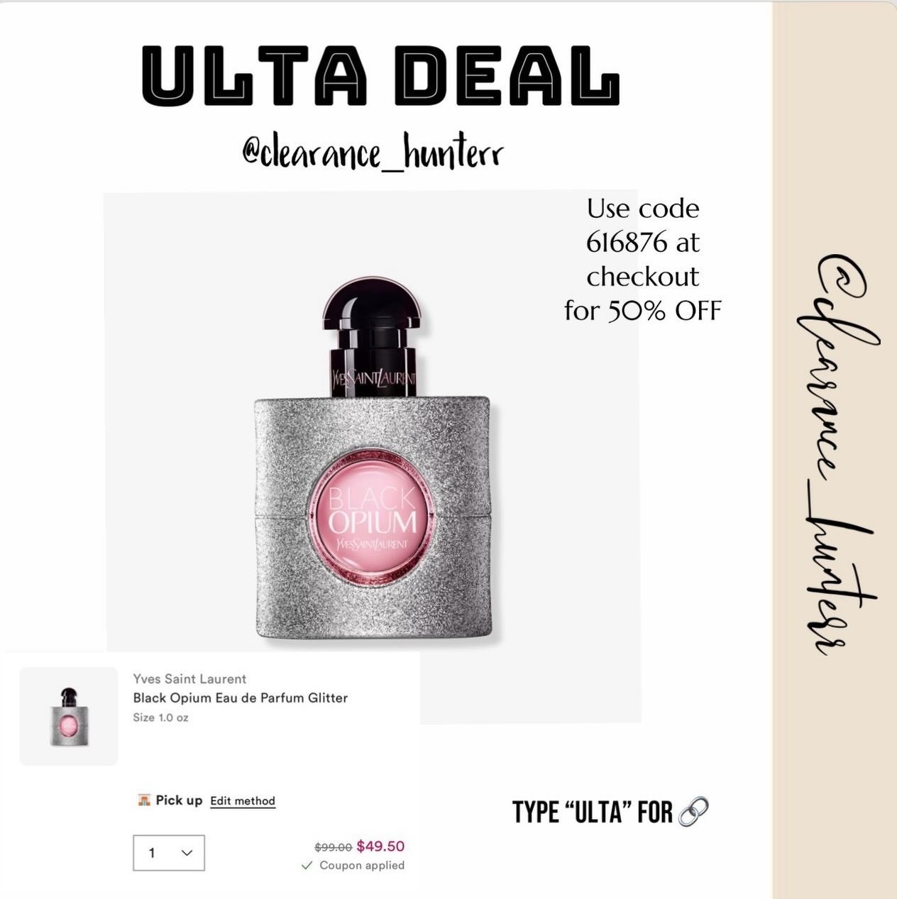 Take 50% OFF on Black Opium today at ulta!🧡
Use code 616876 at checkout to get the discount! 


Ulta, Perfume, Black Opium, Fragrance, Clearance, Deal of the Day
#blackopium #perfume #ulta #clearance #deals

#LTKNYFW #LTKselfcare #LTKSeasonal