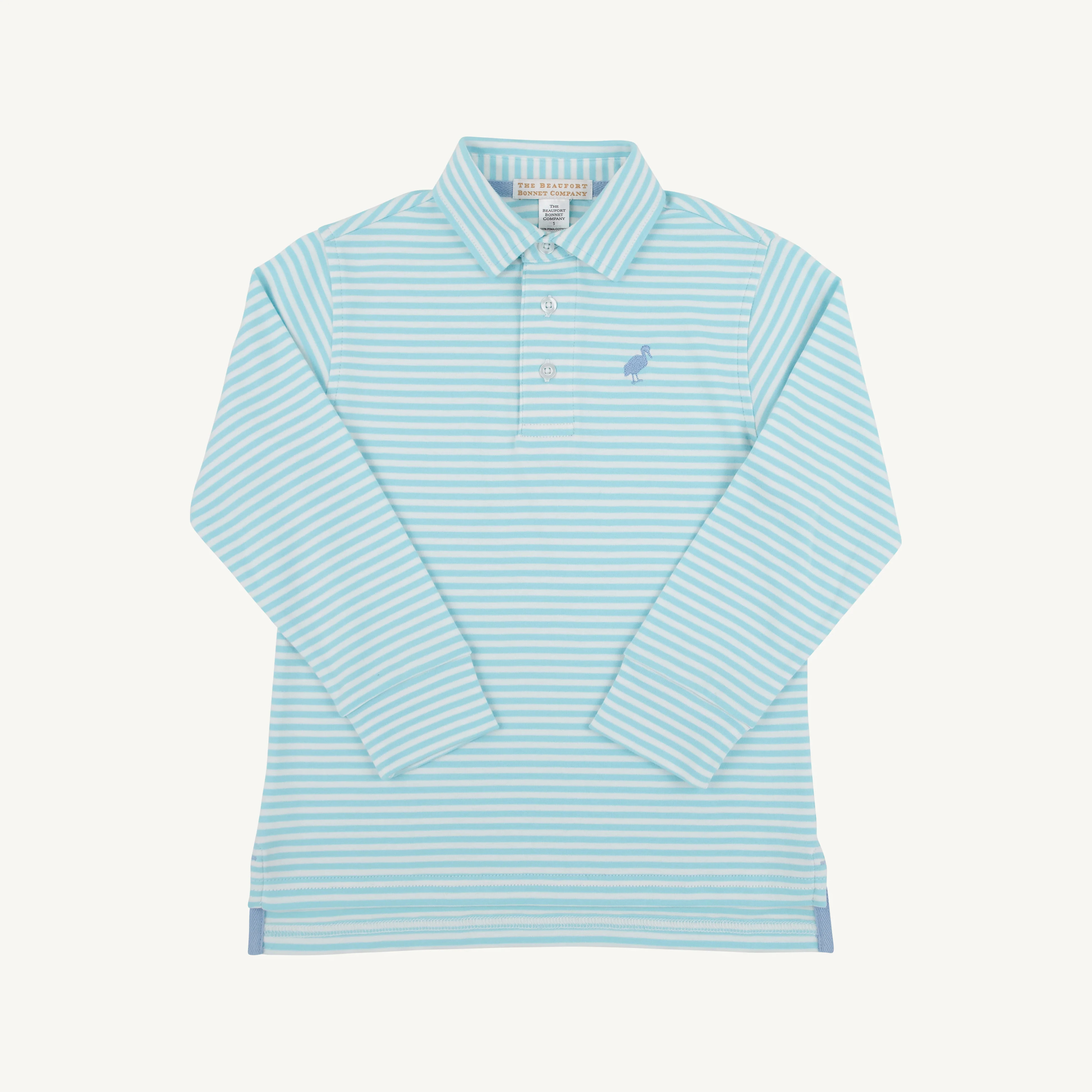 Long Sleeve Prim & Proper Polo - Belhaven Blue Stripe with Barrington Blue Stork | The Beaufort Bonnet Company