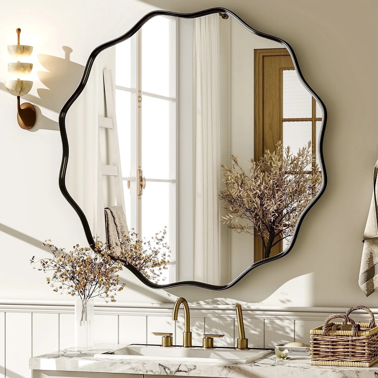 BEAUTYPEAK 24" Wavy Round Bathroom Mirror Wall Decor with Deep Frame, Black | Walmart (US)