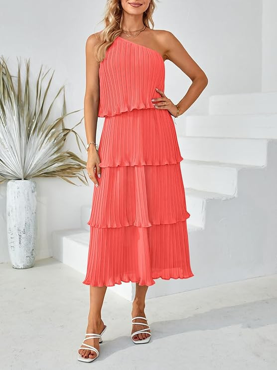 MEROKEETY Women's Summer One Shoulder Sleeveless Pleated Ruffle Tiered Layered Chiffon Party Dres... | Amazon (US)