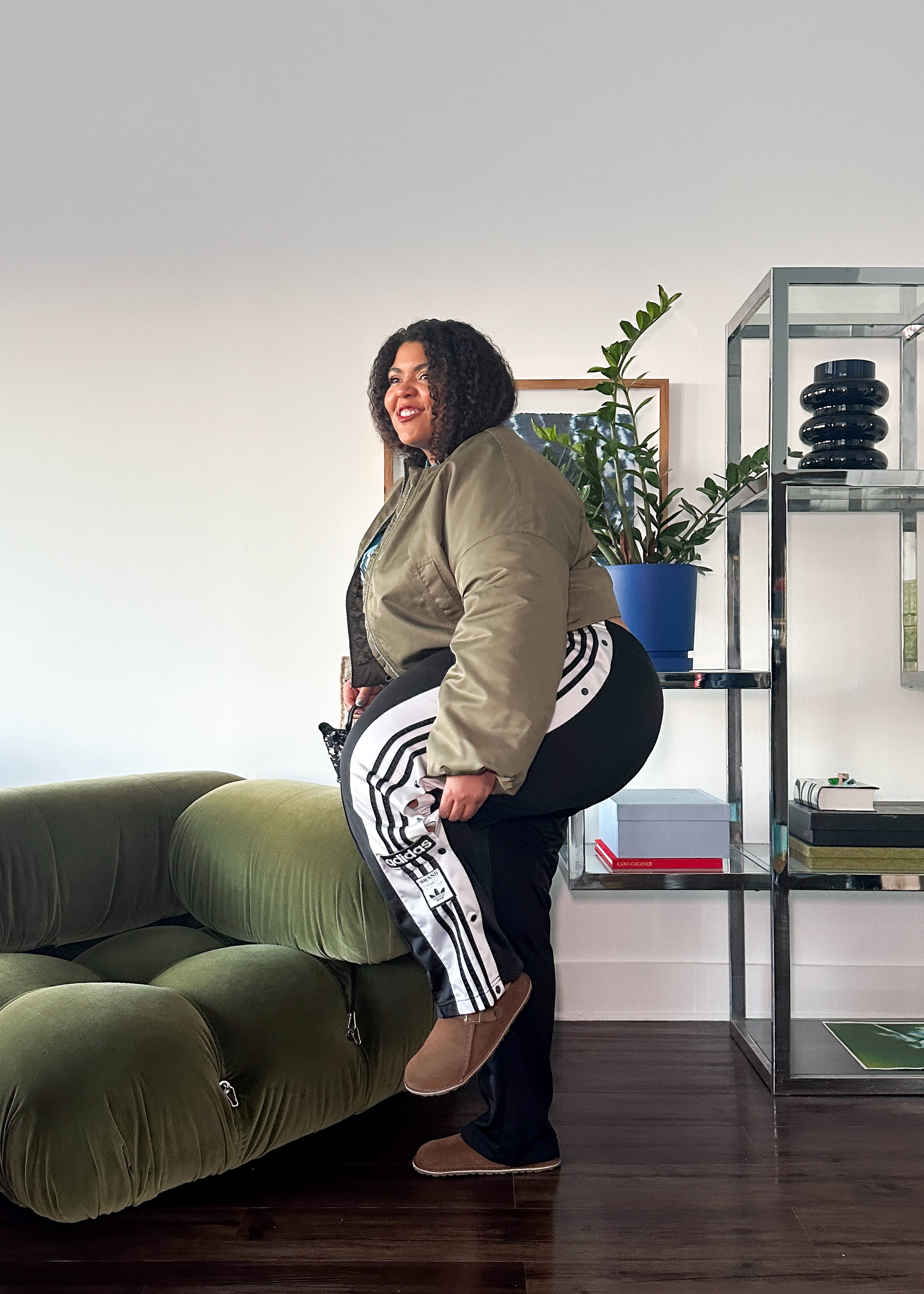 casual plus size outfit ideas (wearing Adidas track pants, ganni jacket, and Birkenstock Lutry mules) | size 20 outfits  

 #LTKgrwm #LTKootd #LTKPlusSize