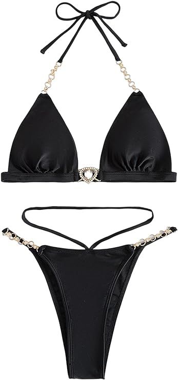 SOLY HUX Women's Heart Rhinestone Chain Halter Triangle Bikini Set 2 Piece Swimsuit Bathing Suit | Amazon (US)