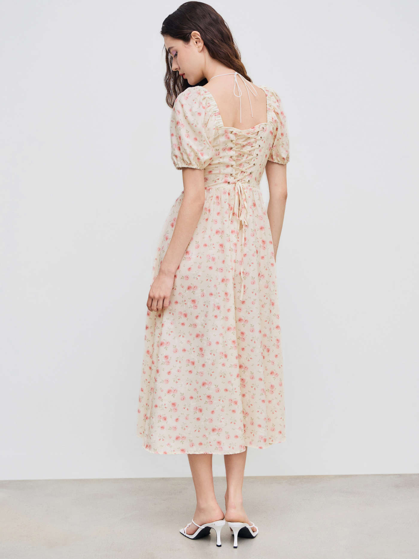 Square Neck Floral Lace Up Midi Dress | Cider