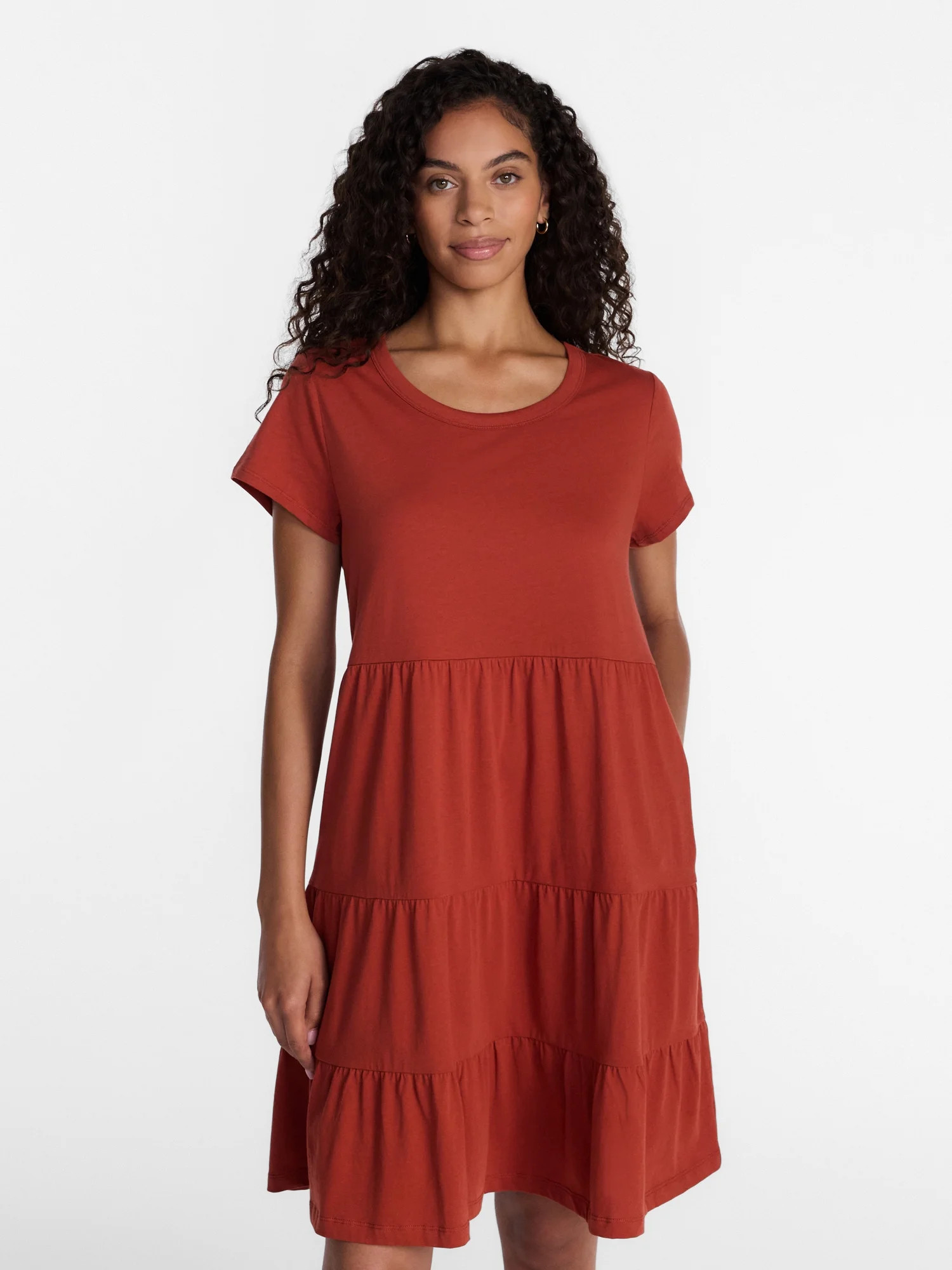 Time and Tru Women's and Women's Plus Size Tiered Cotton Dress with Short Sleeves, Sizes XS-4X | Walmart (US)