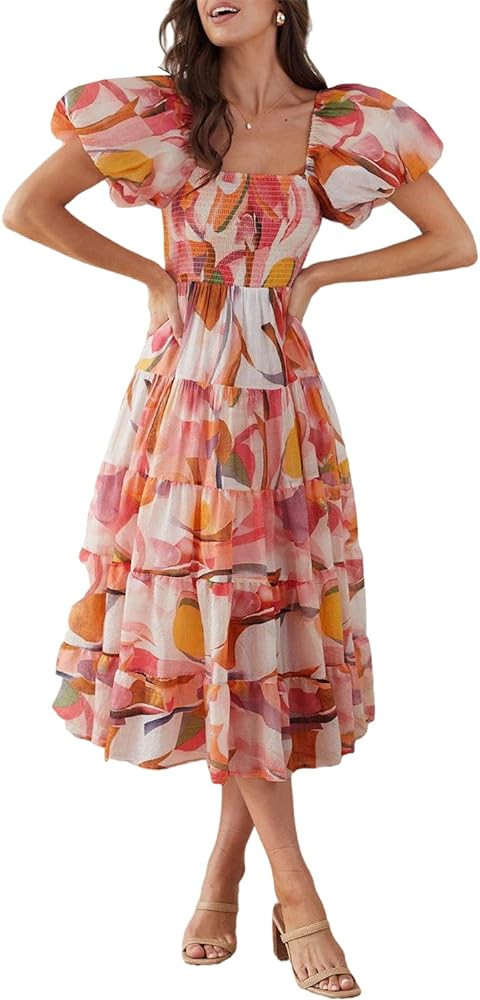 Sissyaki Women's Summer Boho Floral Print Midi Dress Square Neck Tiered Flowy Beach Long Dress | Amazon (US)