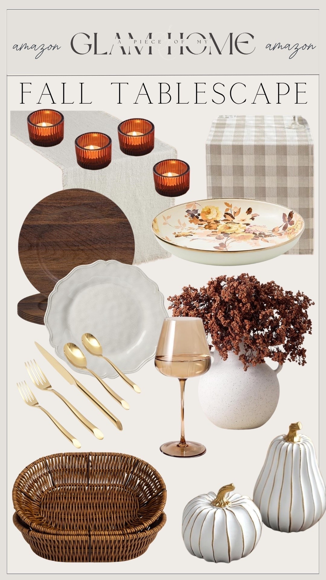 Amazon fall tablescape, fall tablescape, Amazon home finds, fall table decor, autumn tablescape, Thanksgiving table, harvest decor, fall centerpiece, table styling, dining room decor, neutral fall decor, cozy entertaining, fall hosting, seasonal table, dinner party decor, table runner, linen napkins, candle holders, taper candles, charger plates, dinnerware, stoneware dishes, glassware, woven placemats, wood accents, faux stems, mini pumpkins, fall entertaining, cozy home, warm neutral decor, modern cottage, farmhouse style, vintage inspired, collected home, affordable home decor, Amazon favorites, Amazon decor finds, fall home inspiration, seasonal decorating, hosting essentials