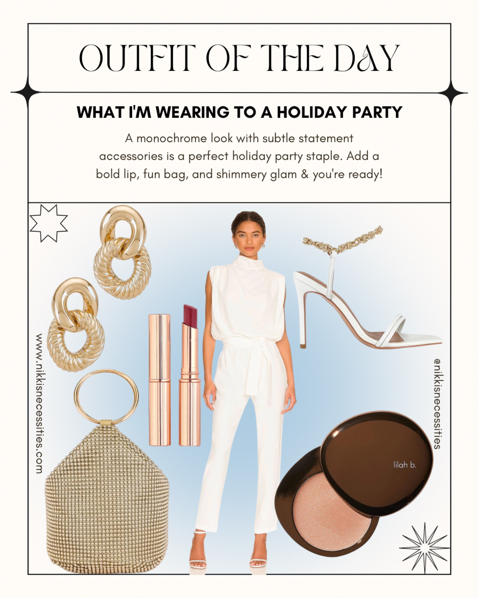 Ootd 
Outfit of the day 
Revolve 
White heels 
White jumpsuit 
Holiday party outfit 
Gold strap heel 
Statement earrings gold earring 
Gold hooos 
Crystal bag 
Bucket bag dressy bucket bag 
Charlotte tilbury 
Bold lip 
Beauty 
Holiday outfit ideas monochrome outfit  

#LTKstyletip #LTKSeasonal #LTKHoliday