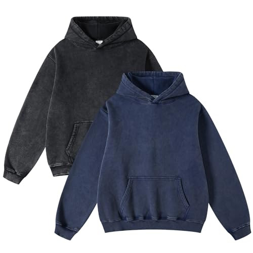 FAIABLE 2 Pack Acid Wash Oversized Vintage Unisex Heavyweight Distressed Cotton Fleece Washed Hoodie for Men Women Couples Streetwear College Black Blue | Amazon (US)