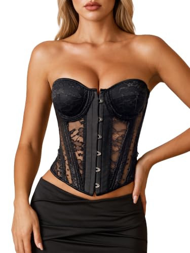 Corset Top for Women Sexy Sheer Textured Floral Lace Bustier Tops Going Out | Amazon (US)