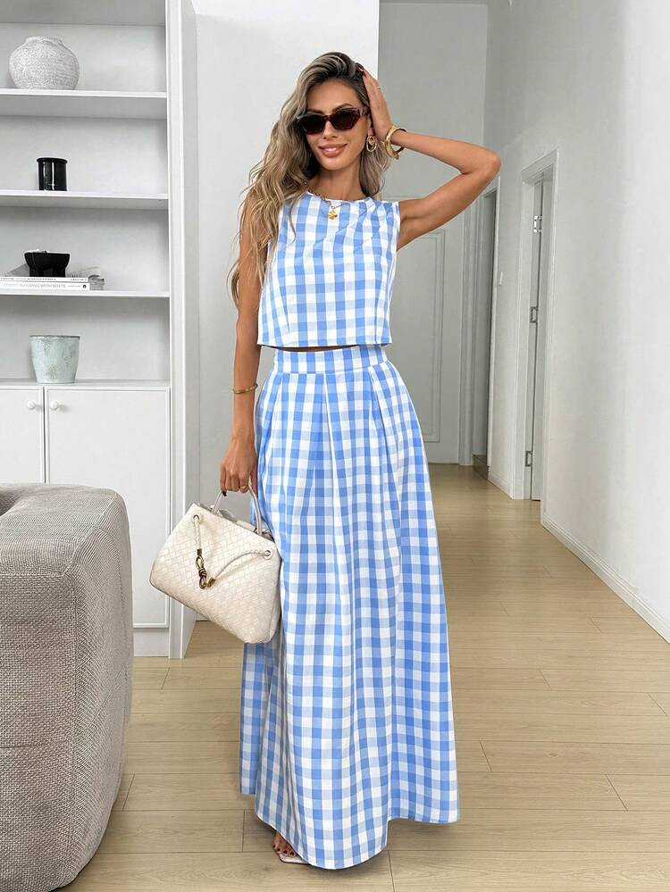 Easowa Women's Round Neck Sleeveless Plaid Casual Summer 2 Pieces Set Women's Stylish Blue Plaid Flowy A Line Maxi Skirt 2pcs For Summer Casual Outfits Summer Outfits Spring Outfit Women Easter 2pcs Beach Vacation Outfits For Women Birthday Outfits For Women Summer Holiday Outfits Blue 2pcs Gingham Set Plaid Two Piece Set Two Piece Set Women 2 Piece Casual Sets Woman Summer 2 Piece Sets Woman Vacation Outfits Women | SHEIN
