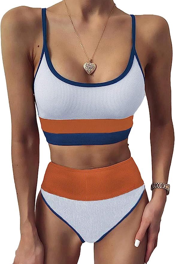 Ecrocoo Women's 2 Piece Bikini Set Color Block Sleeveless Crop Top High Waist Bottoms Bathing Sui... | Amazon (US)