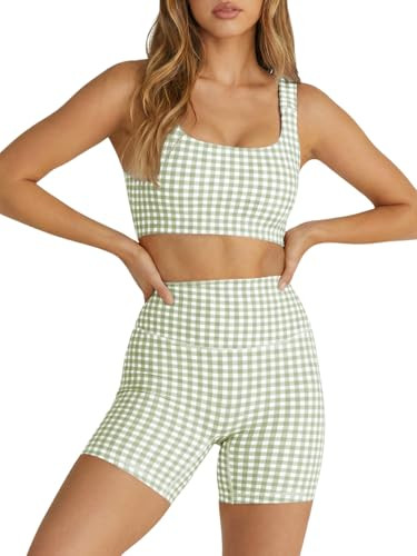 Aoysky Womens Workout Gingham 2 Piece Outfits Padded Open Back Crop Tank High Waist Sports Shorts Sets Yoga Matching Sets | Amazon (US)