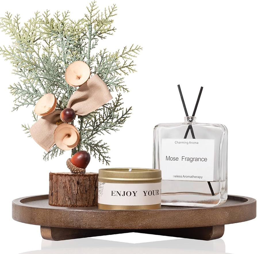 Round Decorative Tray Wood Bathroom Counter Organizer Farmhouse Kitchen Decor Wooden Riser for So... | Amazon (US)