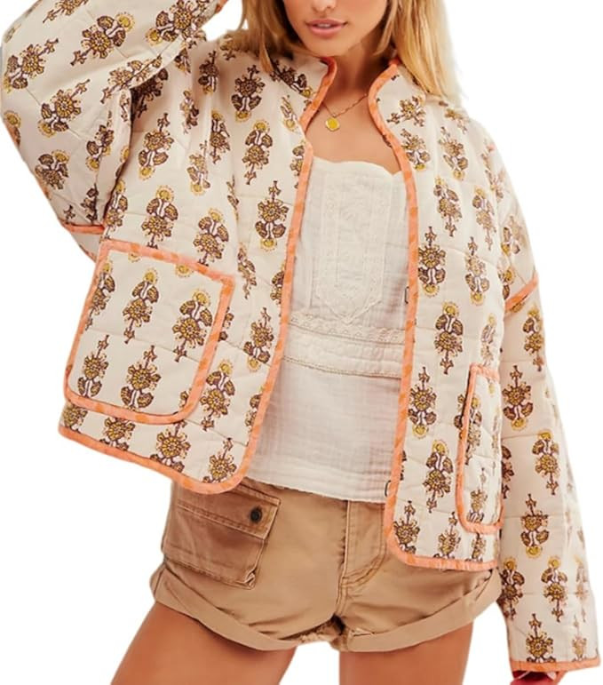 Women's Cropped Floral Quilted Jacket Lightweight Open Front Padded Puffer Coat | Amazon (US)