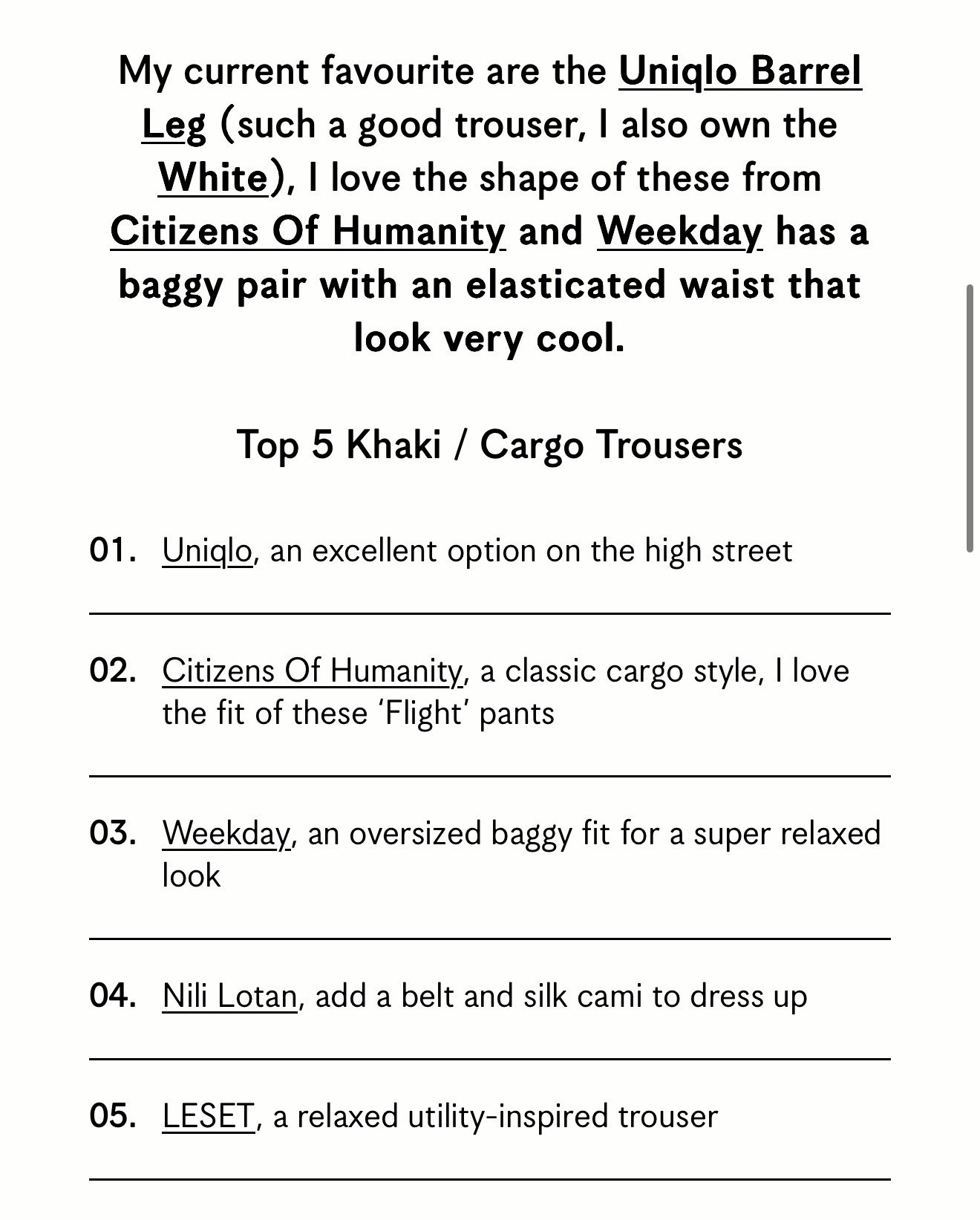 Top 5 Cargo Trousers | Weekday | Zara | Citizens Of Humanity | LESET | Uniqlo | Nilo Lotan 

#LTKuk #LTKworkwear #LTKstyletip