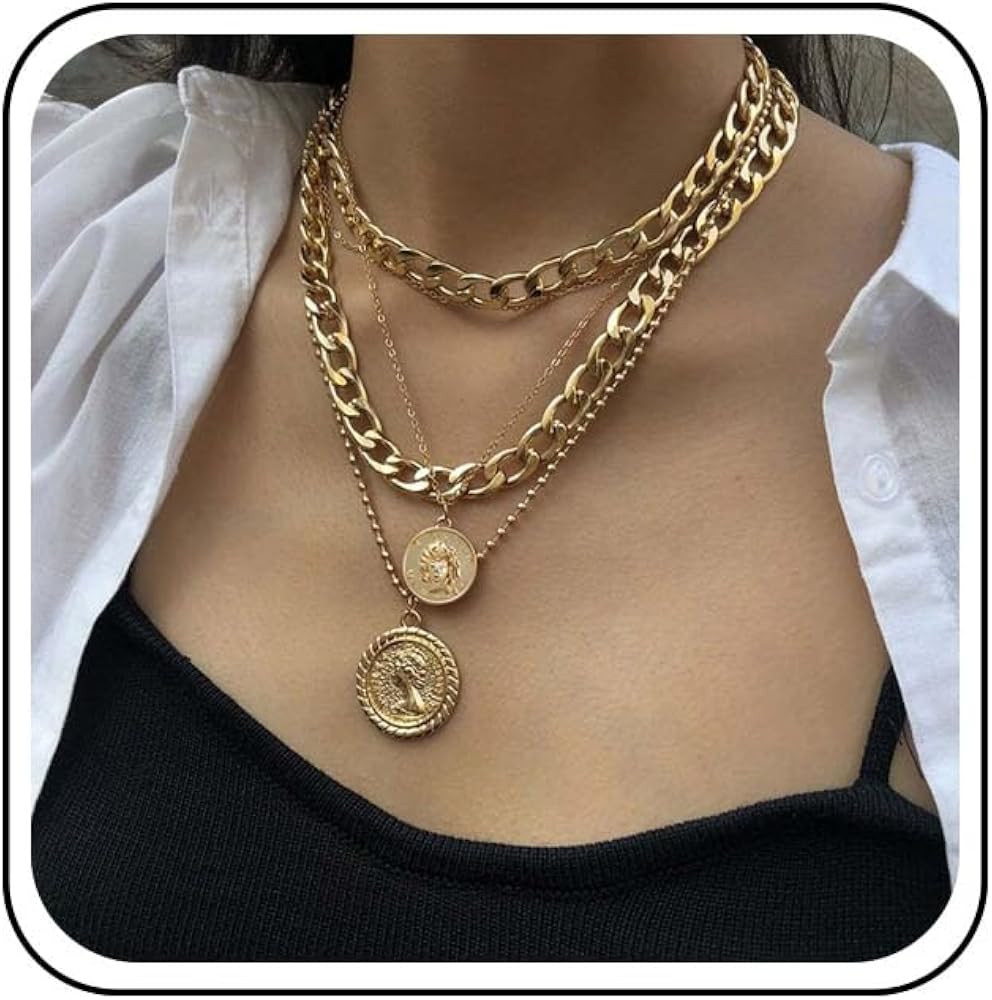 Sttiafay Punk Chunky Chain Necklace Exaggerated Layered Cuban Link Chain Necklace Multilayer Carv... | Amazon (UK)